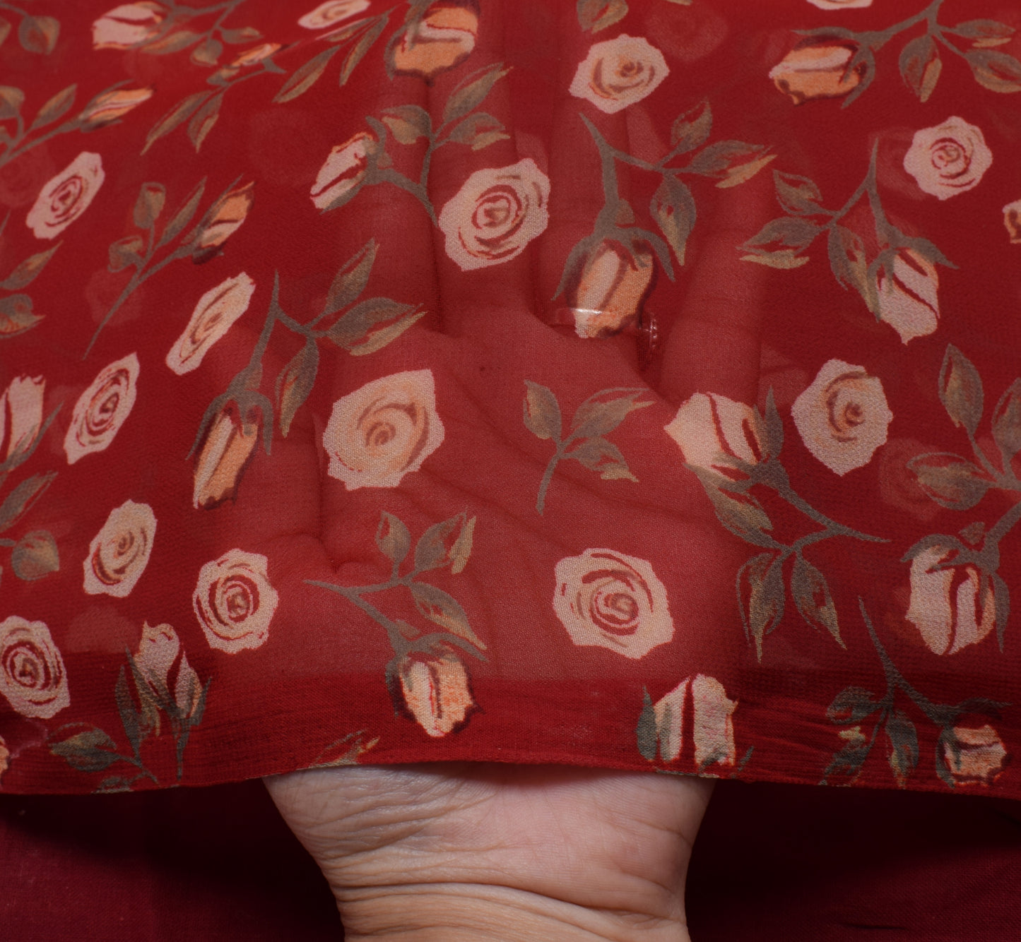 Sushila Vintage Red Saree Blend Georgette Silk Printed Floral Craft 5 YD Fabric
