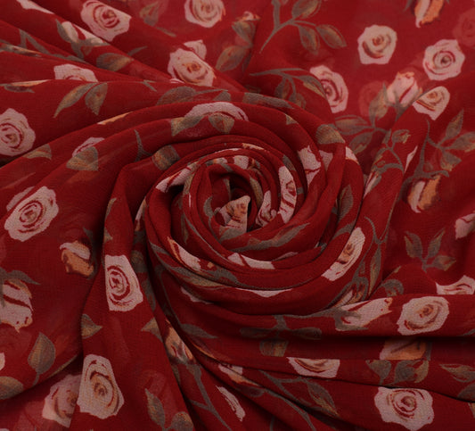 Sushila Vintage Red Saree Blend Georgette Silk Printed Floral Craft 5 YD Fabric
