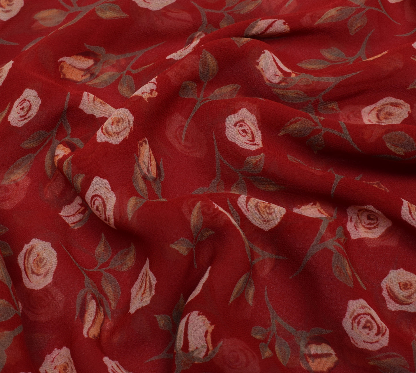 Sushila Vintage Red Saree Blend Georgette Silk Printed Floral Craft 5 YD Fabric