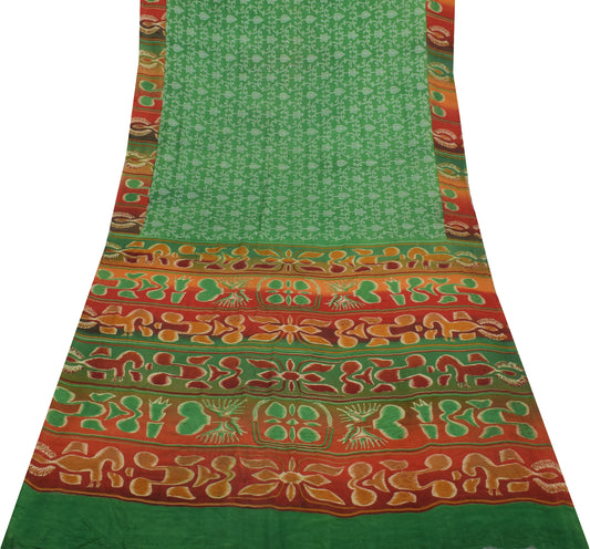 Sushila Vintage Green Saree 100% Pure Georgette Silk Woven Floral Craft Fabric