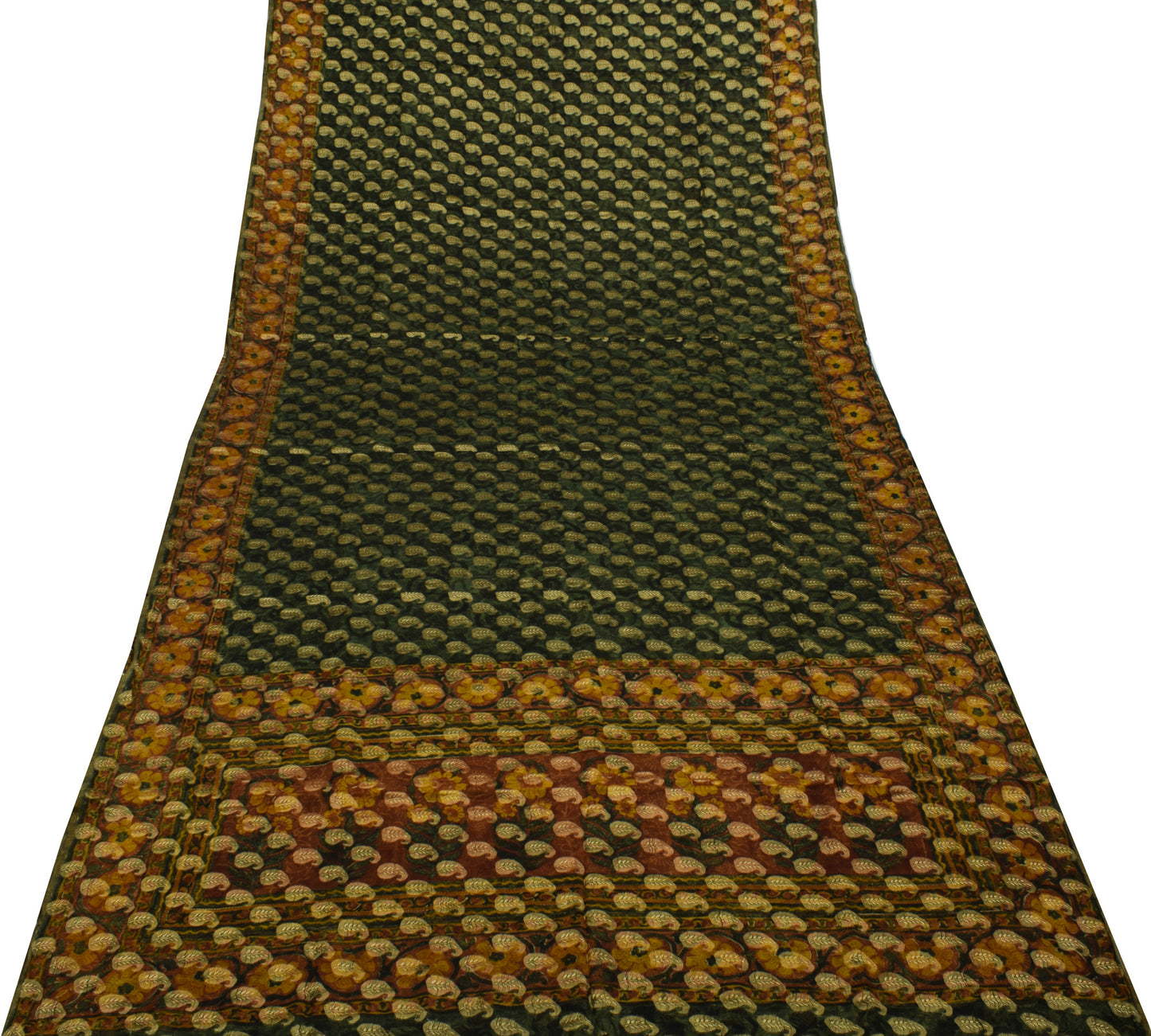 Sushila Vintage Green Sari 100% Pure Georgette Silk Printed & Woven Craft Fabric