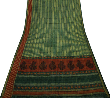 Sushila Vintage Green Saree 100% Pure Georgette Silk Printed 5 Yard Craft Fabric