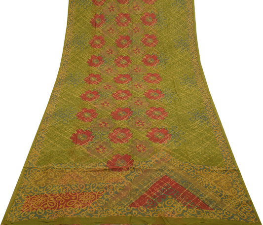 Sushila Vintage Green Saree 100% Pure Georgette Silk Printed Floral Craft Fabric