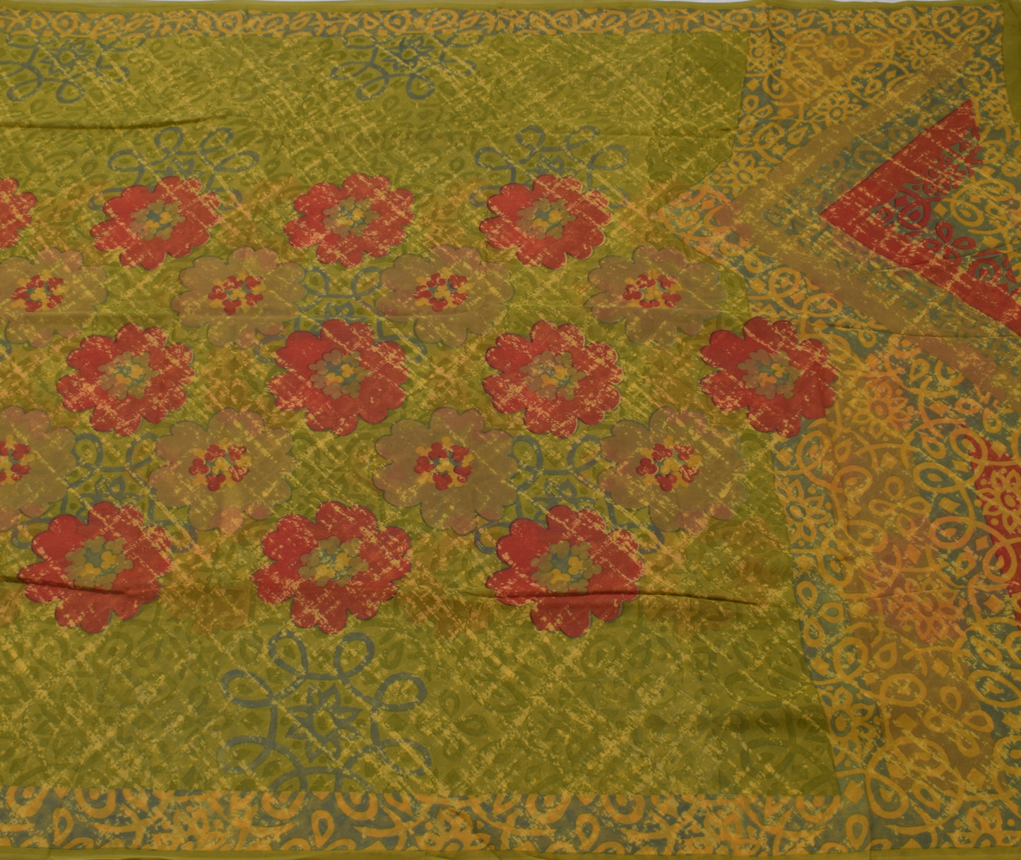 Sushila Vintage Green Saree 100% Pure Georgette Silk Printed Floral Craft Fabric