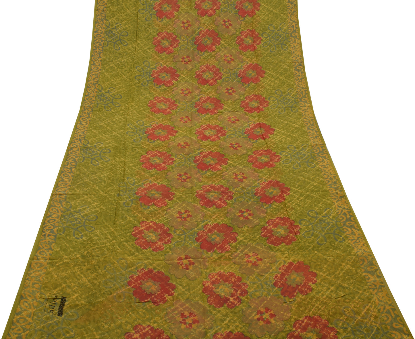 Sushila Vintage Green Saree 100% Pure Georgette Silk Printed Floral Craft Fabric