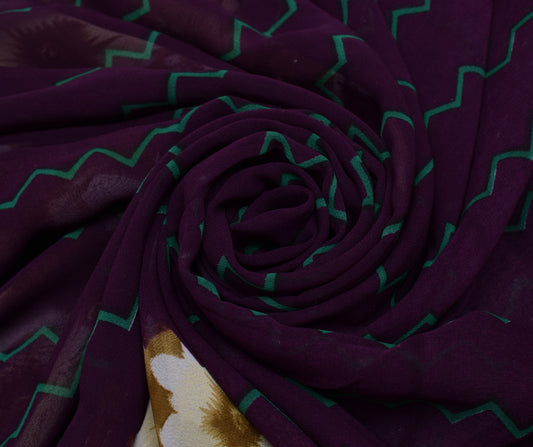 Sushila Vintage Purple Sari Blend Georgette Silk Printed Zig-Zag Craft Fabric