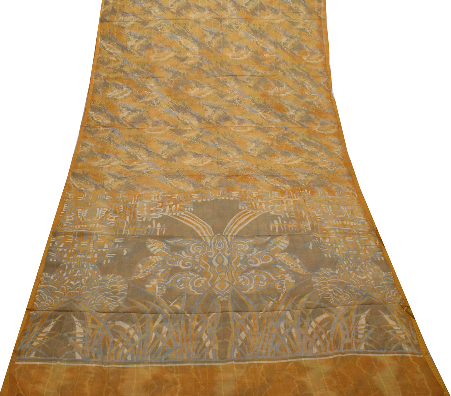 Sushila Vintage Green Indian Saree 100% Pure Georgette Silk Printed Craft Fabric