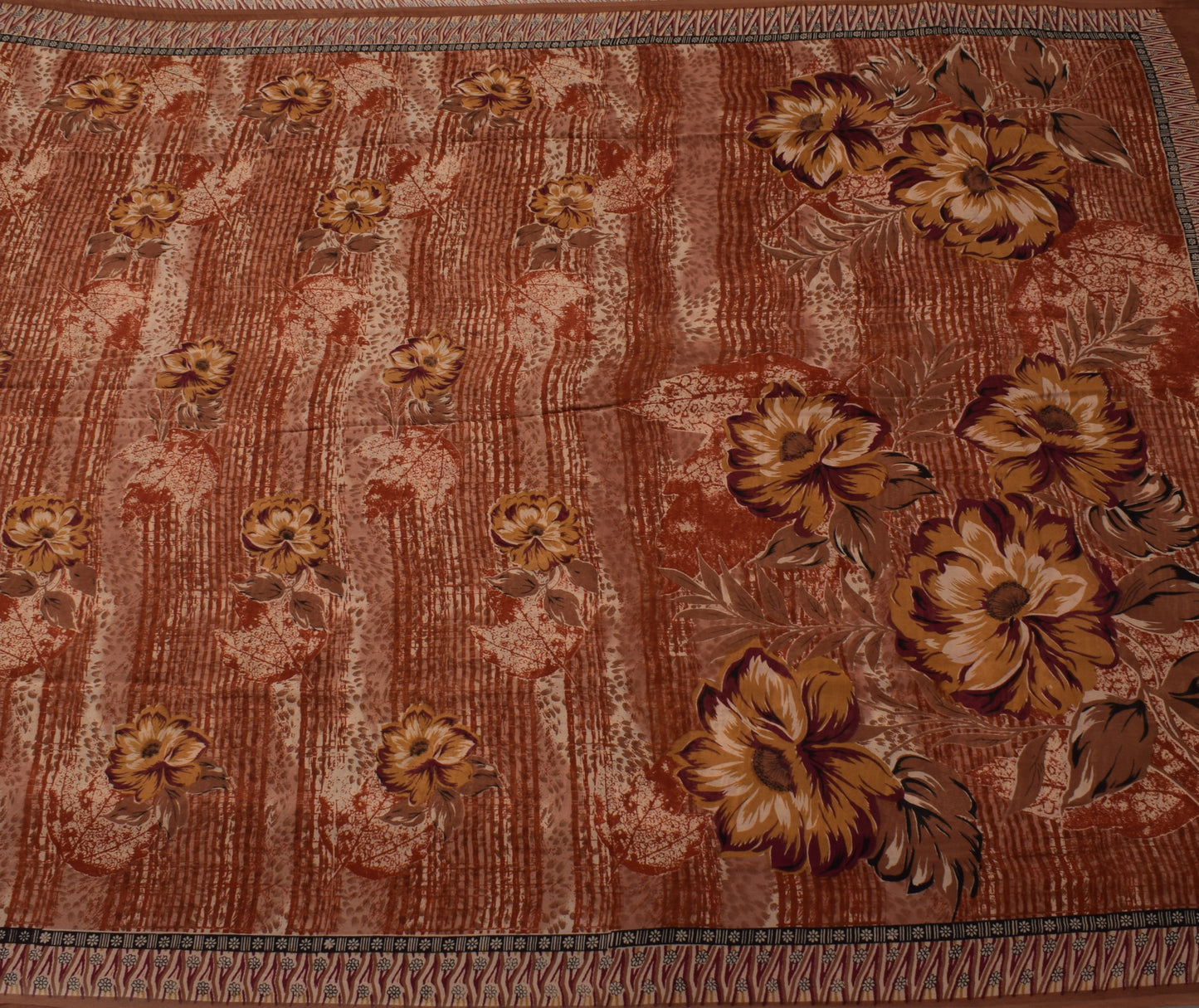Sushila Vintage Brown Saree 100% Pure Georgette Silk Printed Floral Craft Fabric
