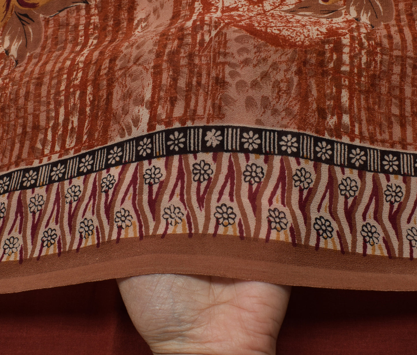 Sushila Vintage Brown Saree 100% Pure Georgette Silk Printed Floral Craft Fabric