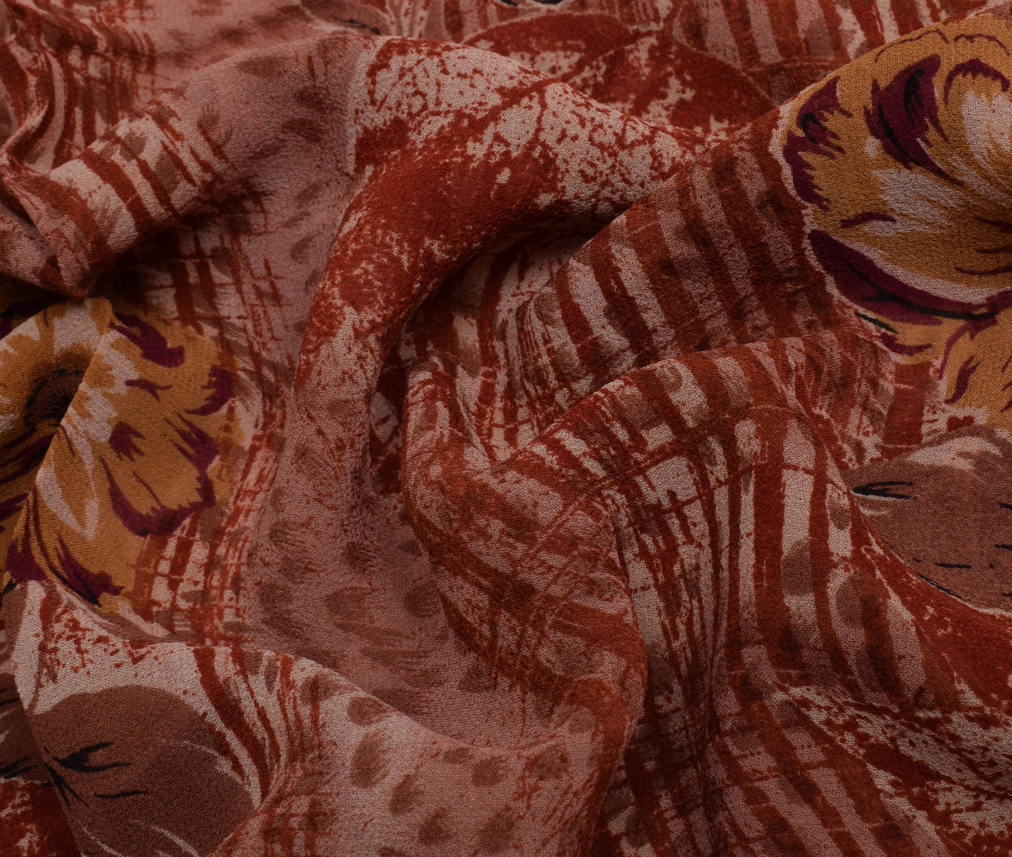 Sushila Vintage Brown Saree 100% Pure Georgette Silk Printed Floral Craft Fabric