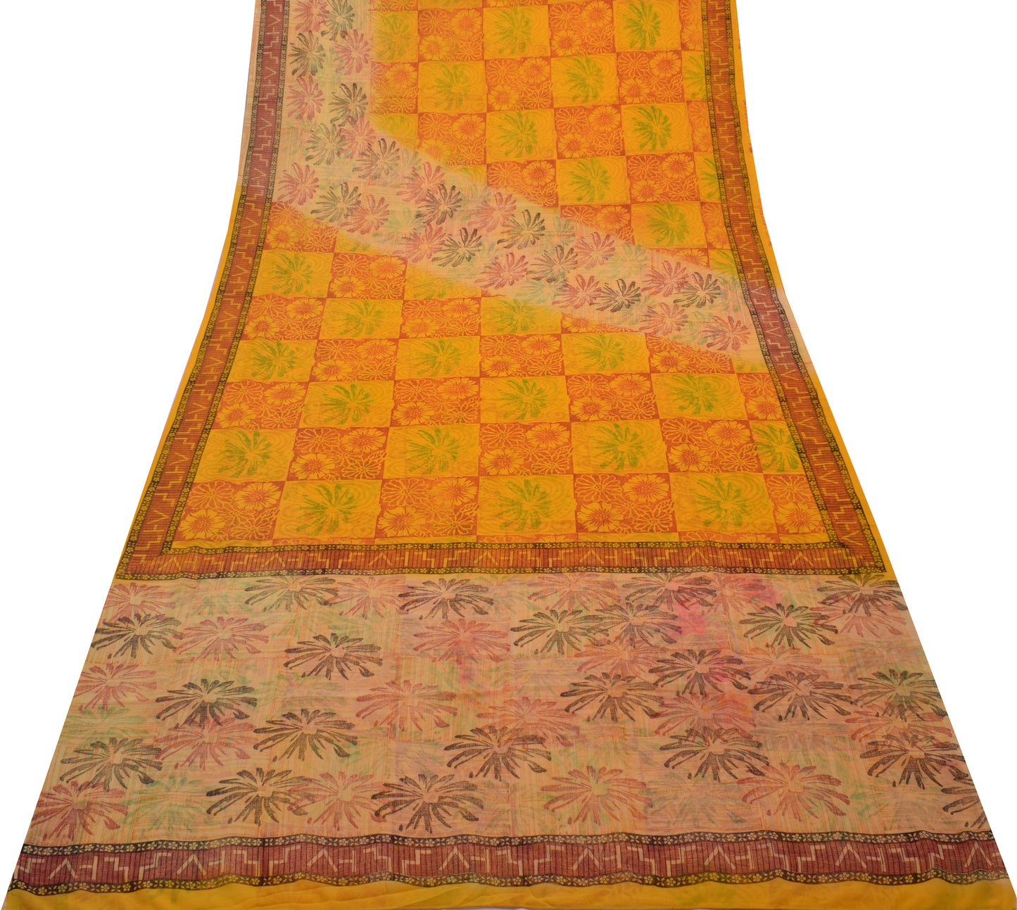 Sushila Vintage Yellow Saree Blend Georgette Silk Printed Floral Craft Fabric