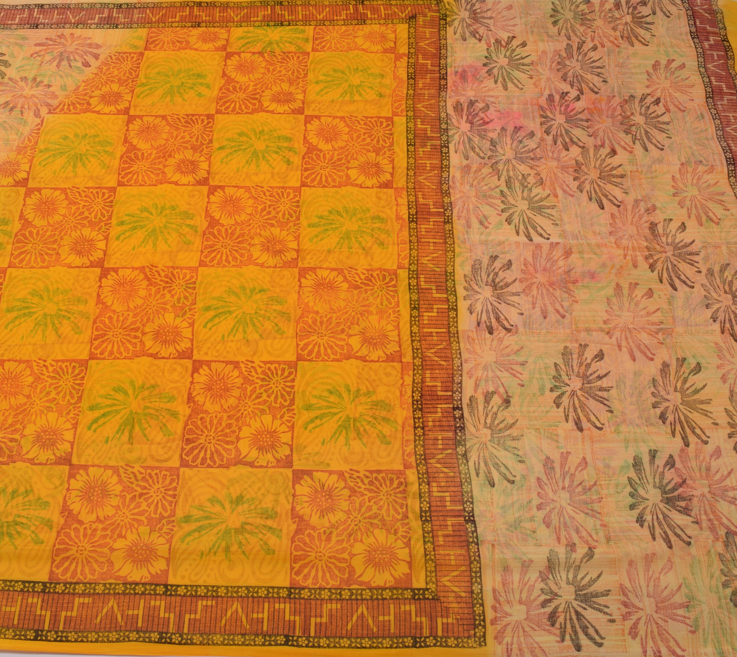 Sushila Vintage Yellow Saree Blend Georgette Silk Printed Floral Craft Fabric