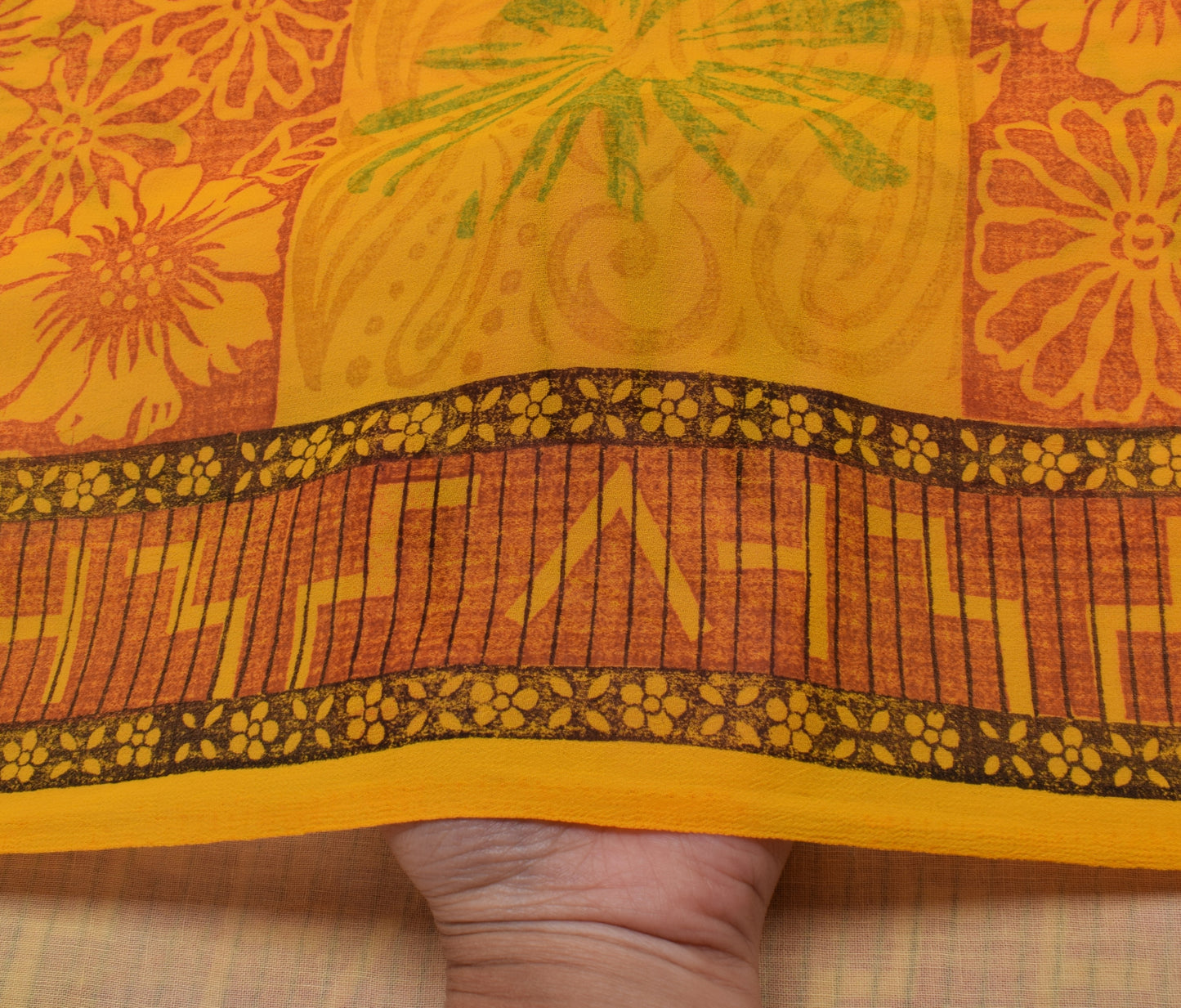Sushila Vintage Yellow Saree Blend Georgette Silk Printed Floral Craft Fabric