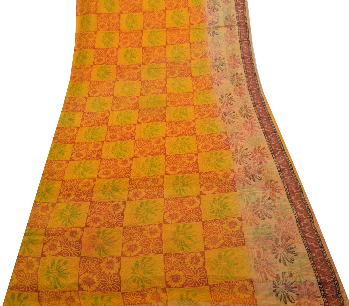 Sushila Vintage Yellow Saree Blend Georgette Silk Printed Floral Craft Fabric