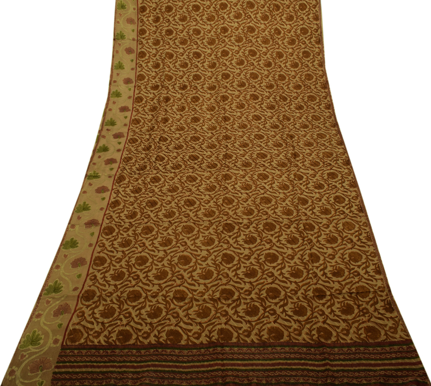Sushila Vintage Brown Saree 100% Pure Georgette Silk Printed Floral Craft Fabric