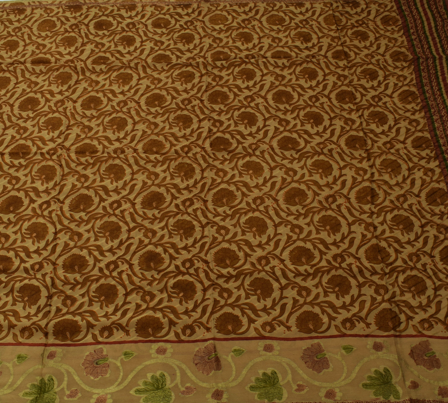 Sushila Vintage Brown Saree 100% Pure Georgette Silk Printed Floral Craft Fabric