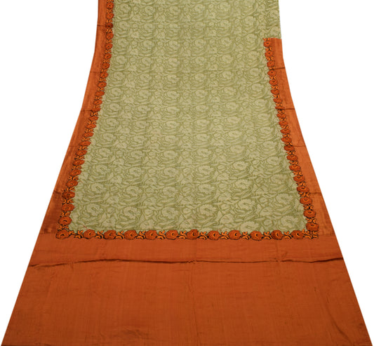 Sushila Vintage Green Saree 100% Pure Georgette Silk Printed Floral Craft Fabric