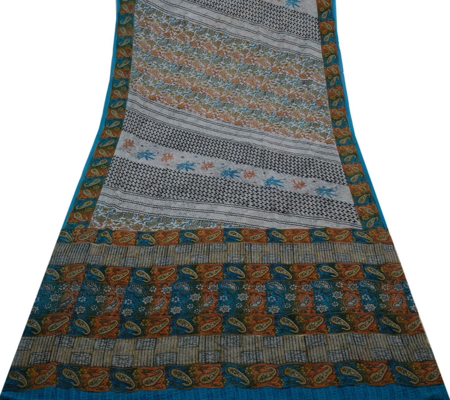 Sushila Vintage Gray Saree 100% Pure Georgette Silk Printed Floral Craft Fabric