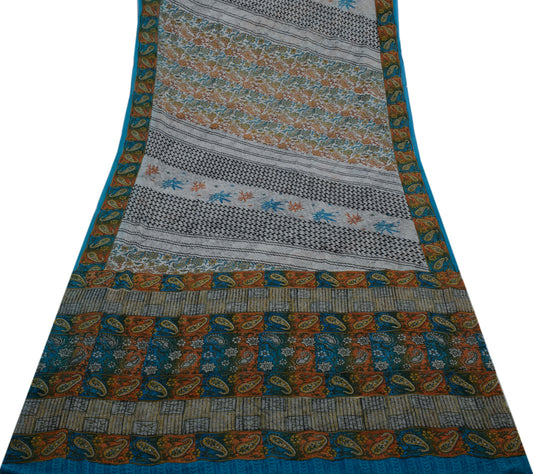 Sushila Vintage Gray Saree 100% Pure Georgette Silk Printed Floral Craft Fabric