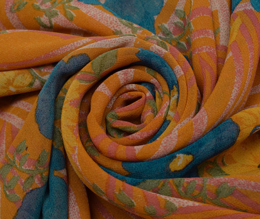 Sushila Vintage Orange Sari 100% Pure Georgette Silk Printed Floral Craft Fabric
