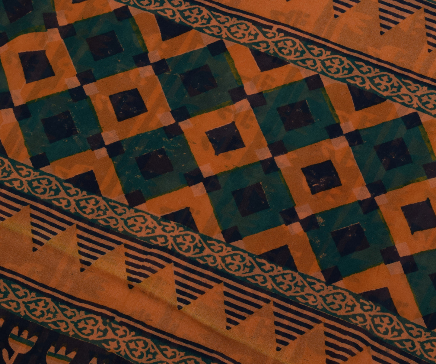 Sushila Vintage Mustard Sari Pure Georgette Silk Hand Block Printed Craft Fabric