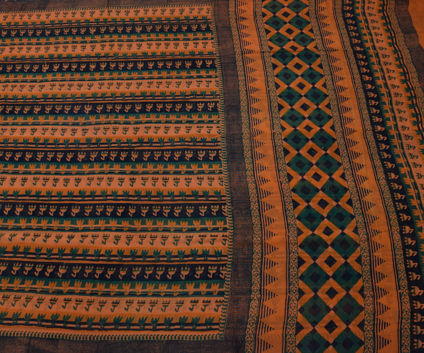 Sushila Vintage Mustard Sari Pure Georgette Silk Hand Block Printed Craft Fabric