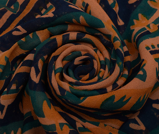 Sushila Vintage Mustard Sari Pure Georgette Silk Hand Block Printed Craft Fabric