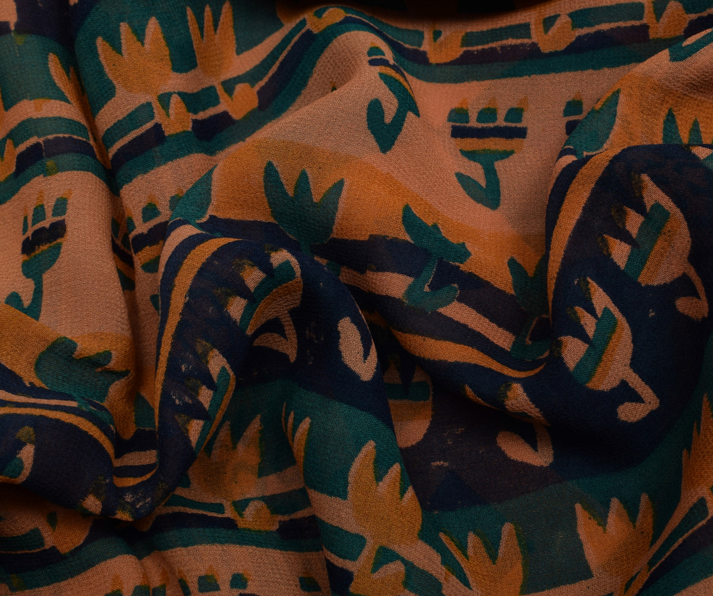 Sushila Vintage Mustard Sari Pure Georgette Silk Hand Block Printed Craft Fabric