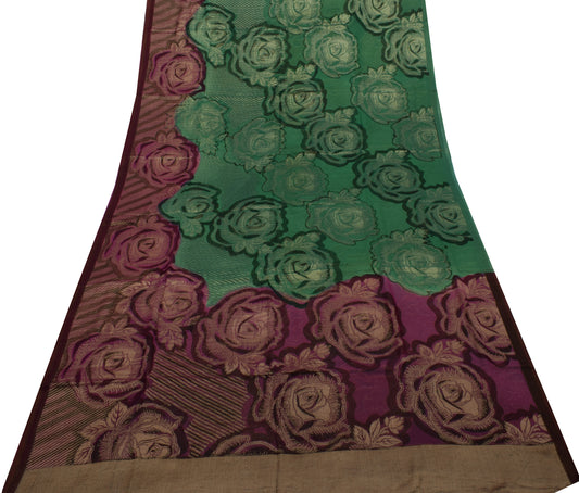 Sushila Vintage Green Saree 100% Pure Georgette Silk Printed Floral Craft Fabric