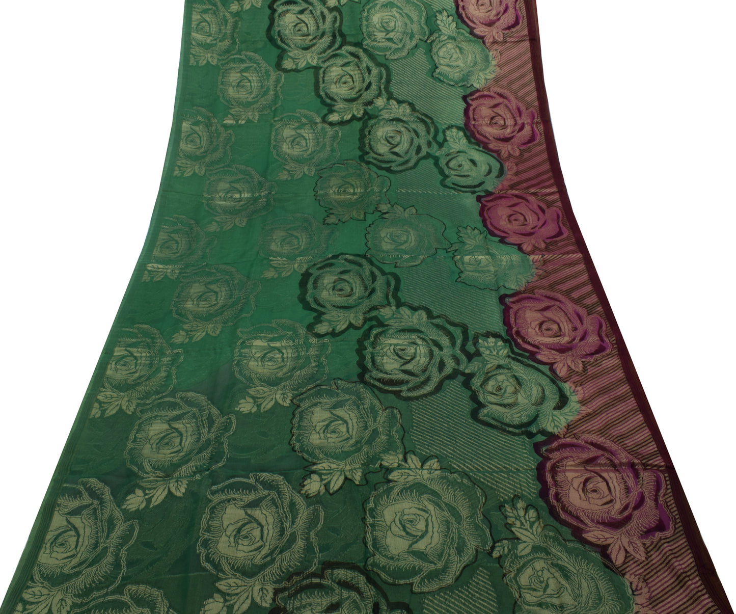 Sushila Vintage Green Saree 100% Pure Georgette Silk Printed Floral Craft Fabric