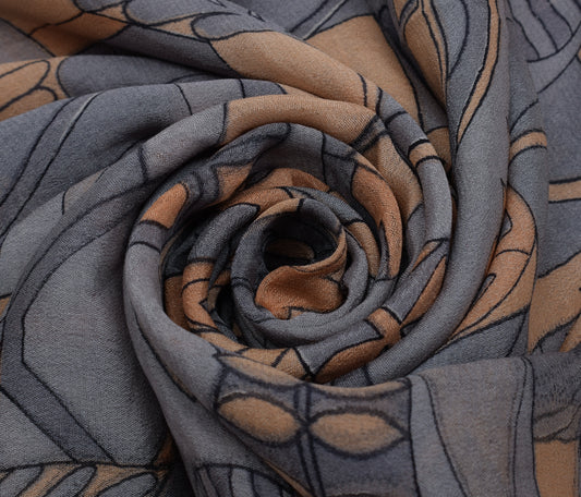 Sushila Vintage Gray Saree 100% Pure Georgette Silk Printed Craft Sari Fabric
