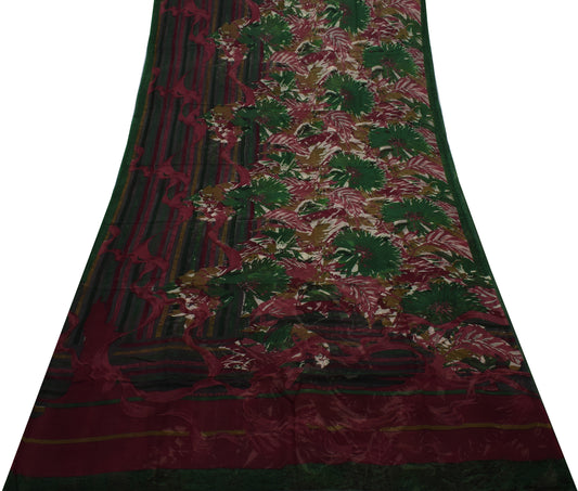 Sushila Vintage Green Saree 100% Pure Georgette Silk Printed Floral Craft Fabric