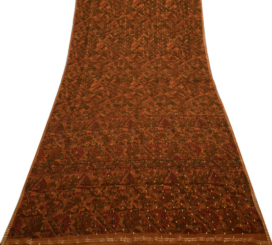 Sushila Vintage Mustard Saree 100% Pure Georgette Silk Printed Craft Fabric