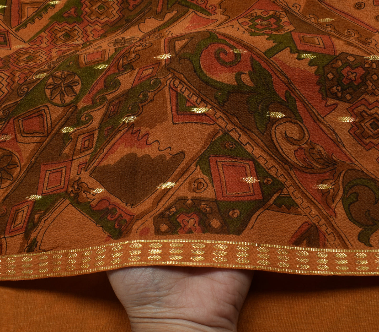 Sushila Vintage Mustard Saree 100% Pure Georgette Silk Printed Craft Fabric