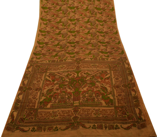 Sushila Vintage Brown Saree 100% Pure Georgette Silk Printed 5 Yard Craft Fabric