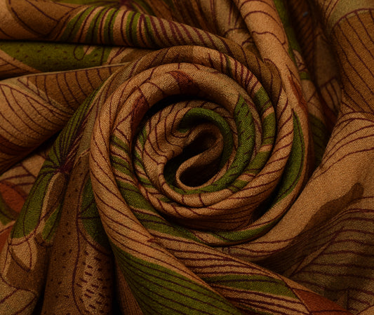 Sushila Vintage Brown Saree 100% Pure Georgette Silk Printed 5 Yard Craft Fabric