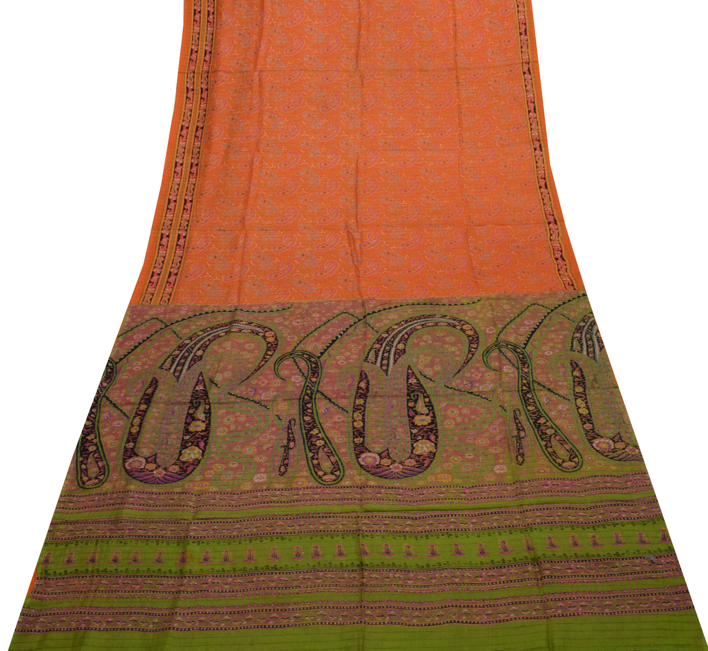 Sushila Vintage Orange Saree 100% Pure Silk Printed Paisley Soft Craft Fabric