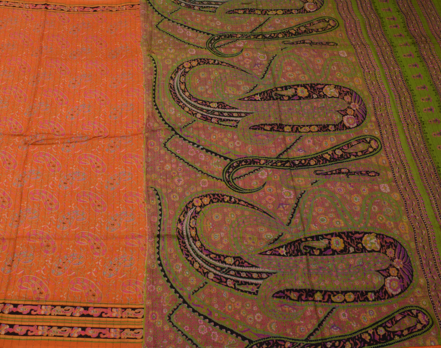 Sushila Vintage Orange Saree 100% Pure Silk Printed Paisley Soft Craft Fabric