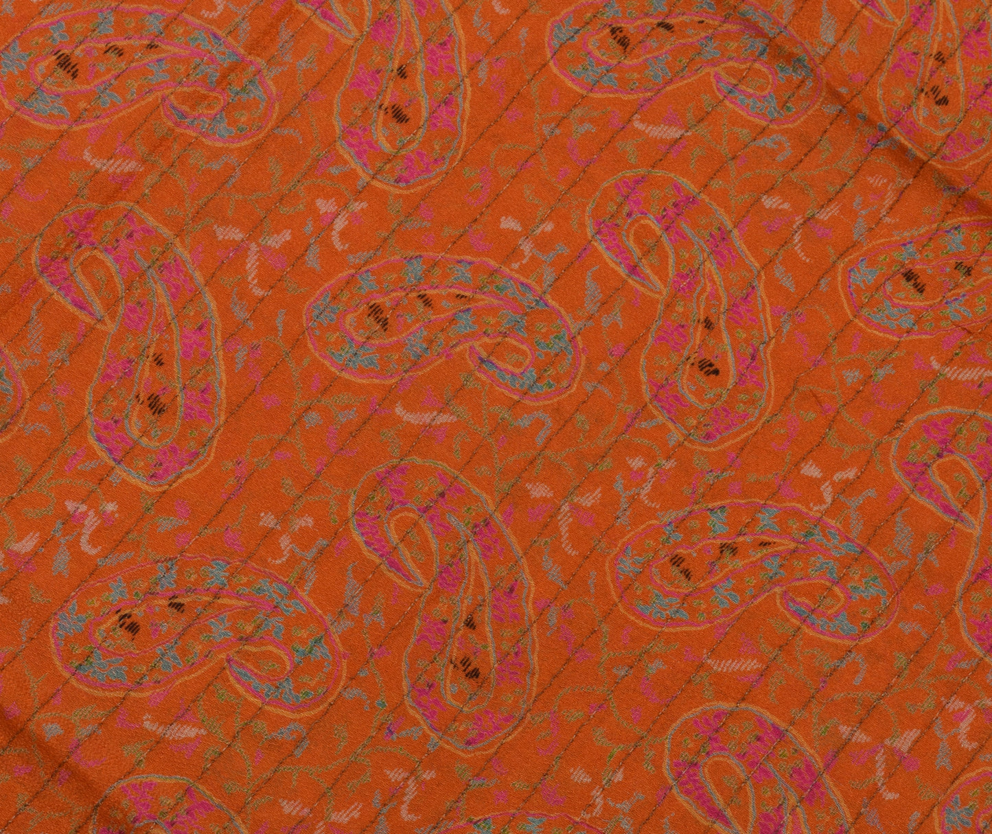 Sushila Vintage Orange Saree 100% Pure Silk Printed Paisley Soft Craft Fabric