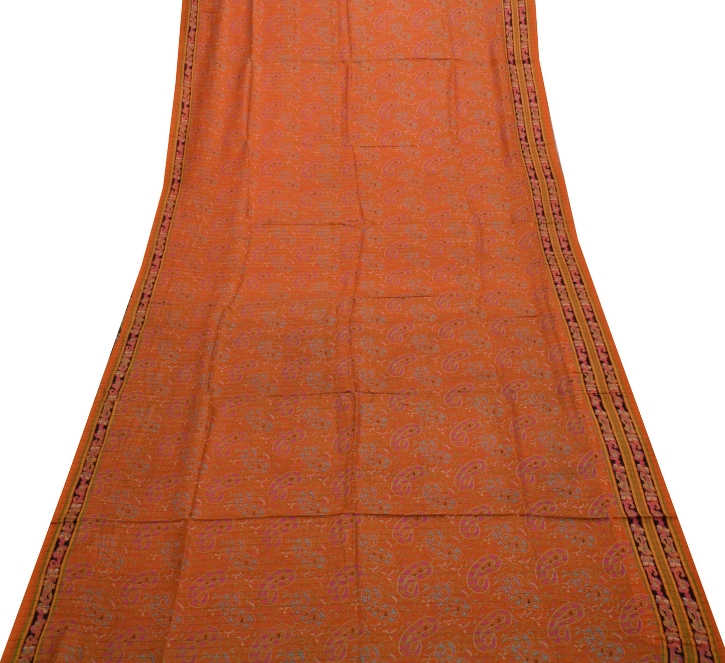 Sushila Vintage Orange Saree 100% Pure Silk Printed Paisley Soft Craft Fabric