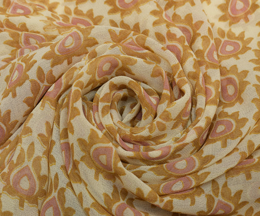 Sushila Vintage Cream Saree Blend Georgette Silk Printed Floral Craft Fabric
