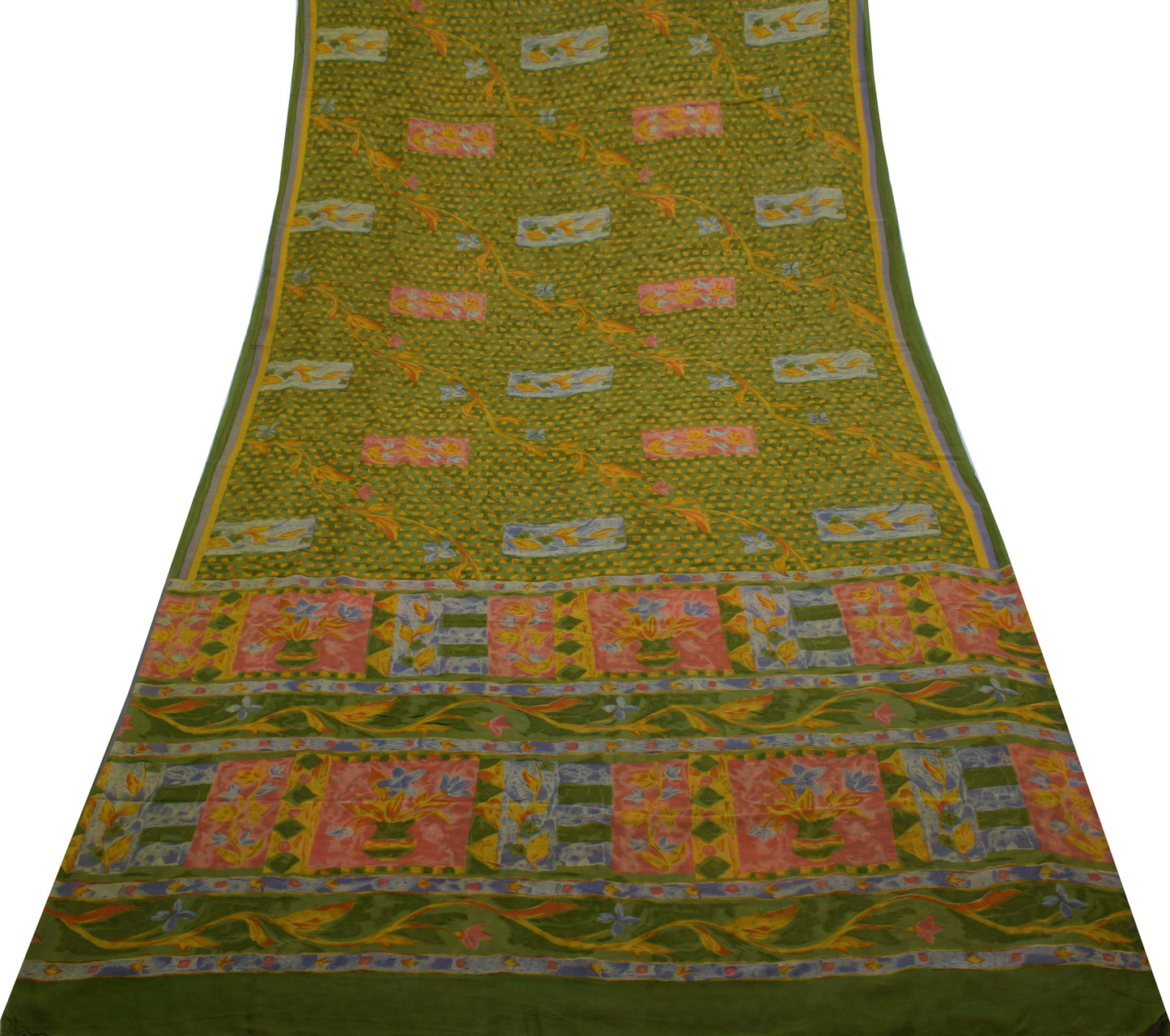 Sushila Vintage Green Saree 100% Pure Georgette Silk Printed Floral Craft Fabric