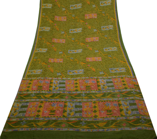 Sushila Vintage Green Saree 100% Pure Georgette Silk Printed Floral Craft Fabric
