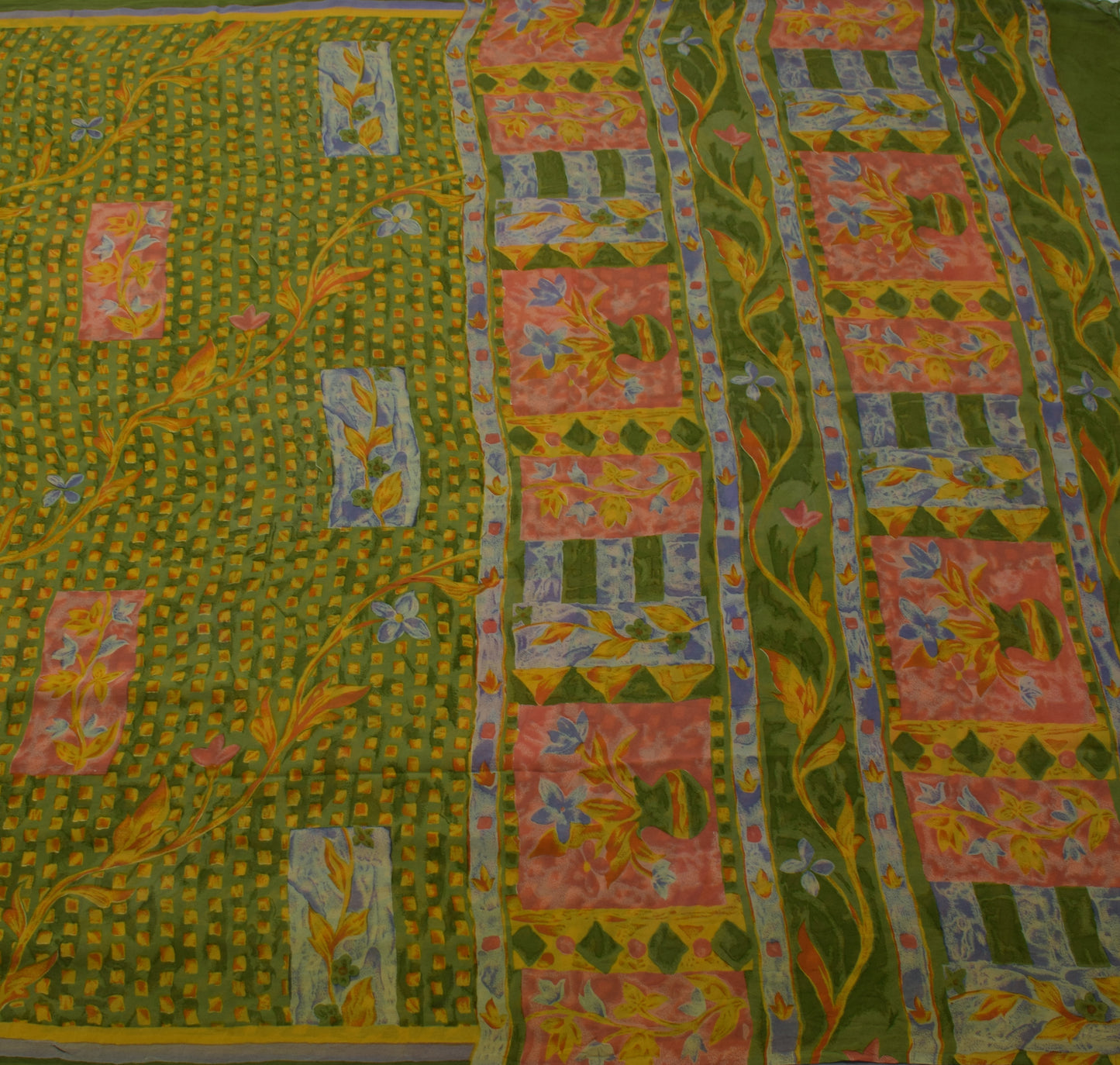 Sushila Vintage Green Saree 100% Pure Georgette Silk Printed Floral Craft Fabric