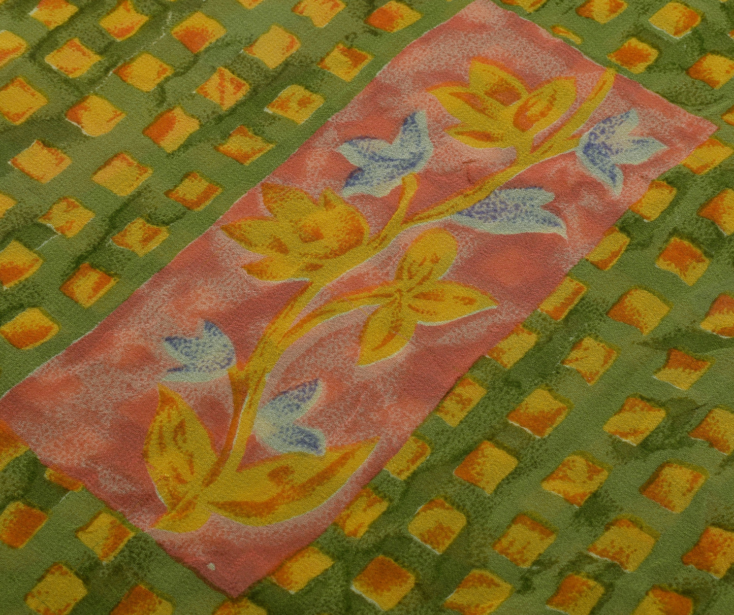 Sushila Vintage Green Saree 100% Pure Georgette Silk Printed Floral Craft Fabric