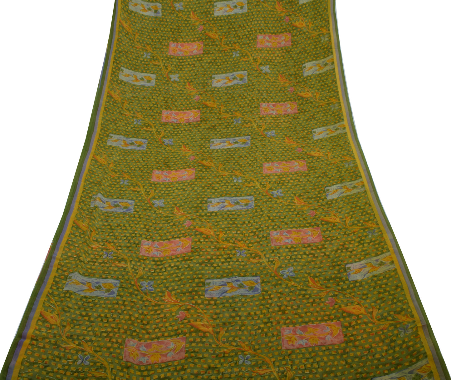 Sushila Vintage Green Saree 100% Pure Georgette Silk Printed Floral Craft Fabric