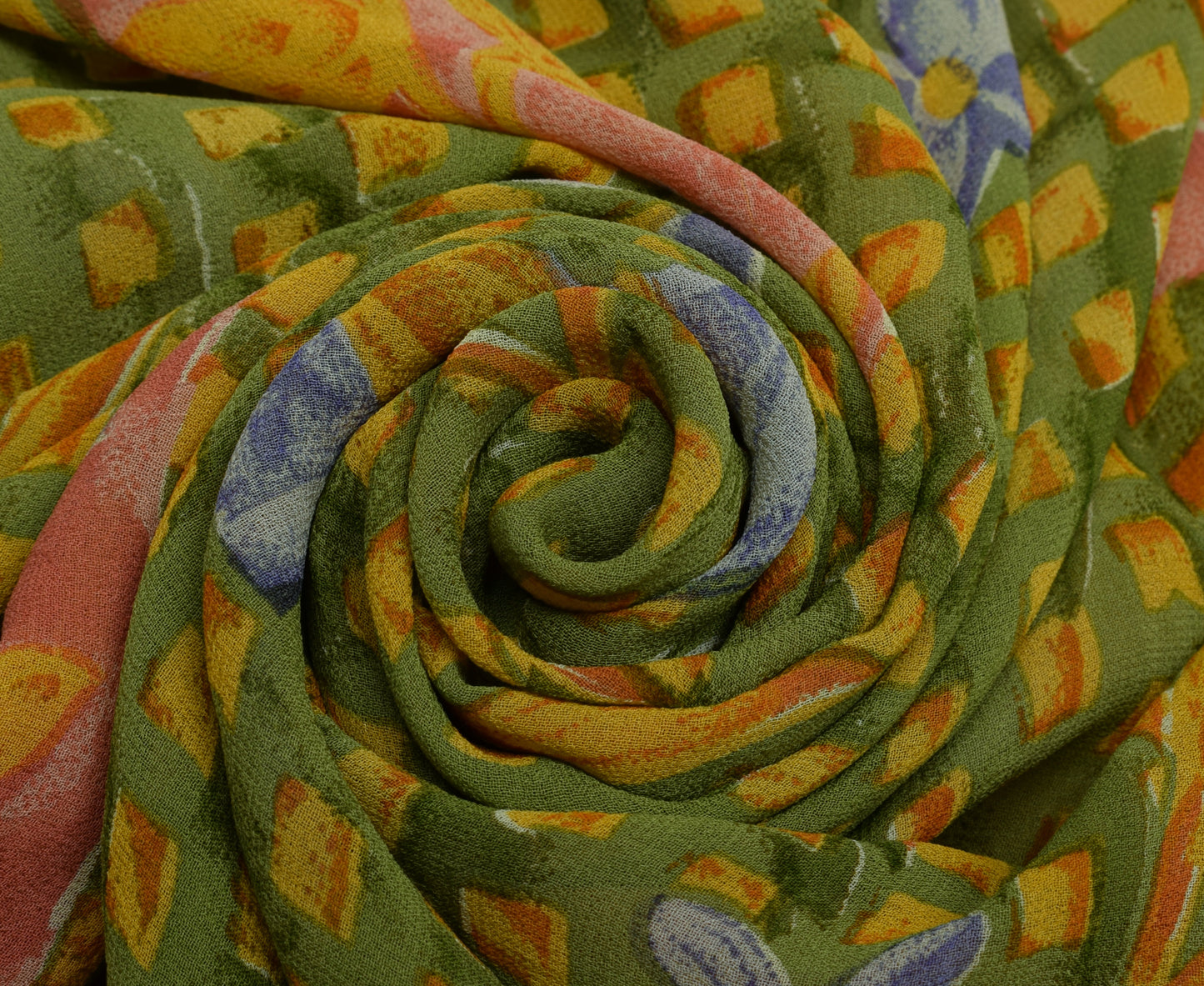 Sushila Vintage Green Saree 100% Pure Georgette Silk Printed Floral Craft Fabric