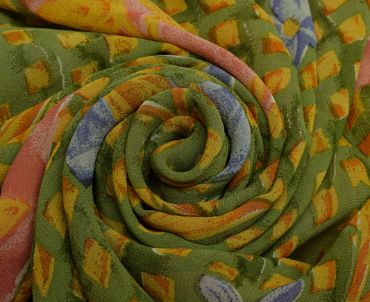 Sushila Vintage Green Saree 100% Pure Georgette Silk Printed Floral Craft Fabric