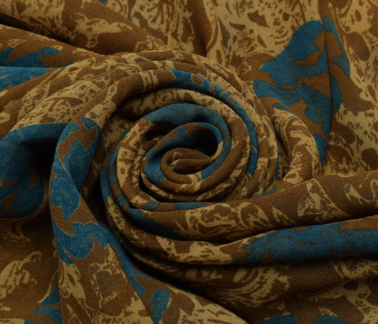 Sushila Vintage Brown Saree 100% Pure Georgette Silk Printed Floral Craft Fabric