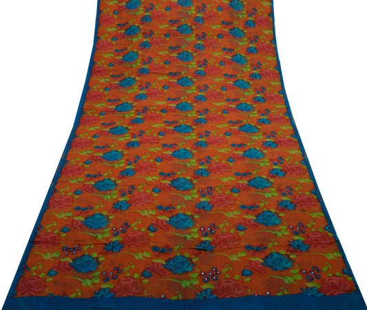 Sushila Vintage Orange Sari 100% Pure Georgette Silk Printed Floral Craft Fabric